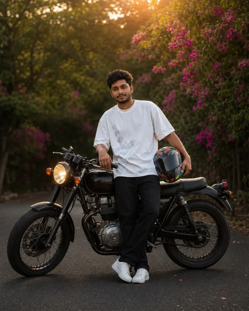 Golden-hour portrait beside a vintage motorcycle