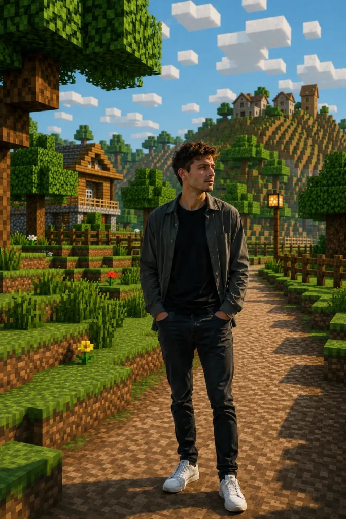 Photorealistic portrait, cinematic voxel landscape