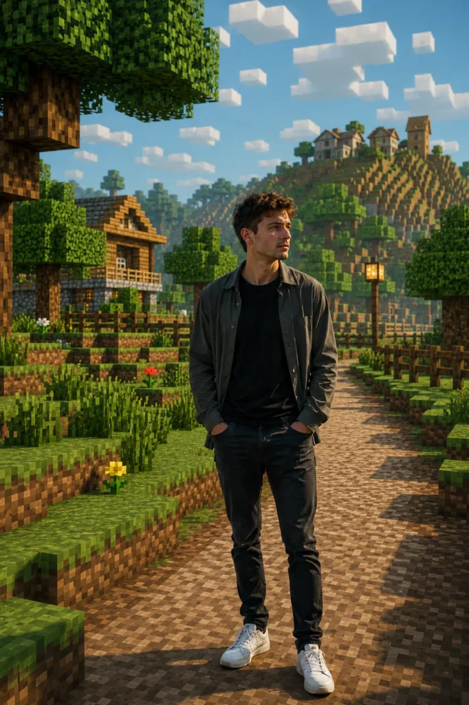 Portrait in a cinematic voxel landscape