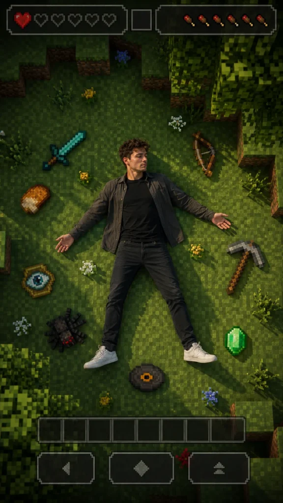Relaxed Adventurer in a Voxel Garden