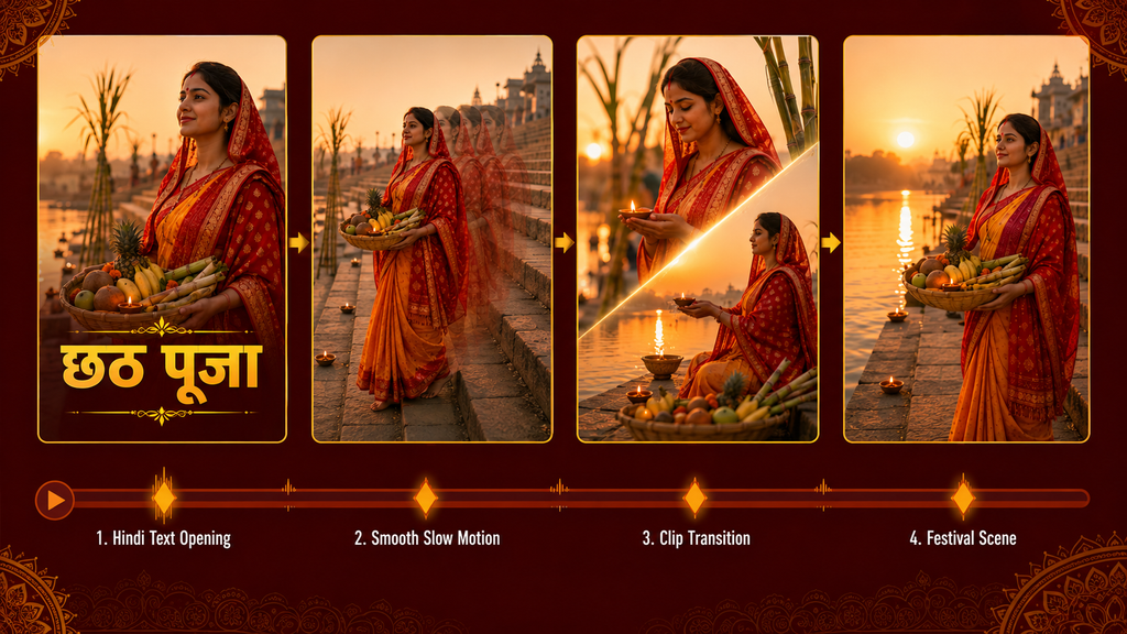Hindi text slow-motion and transition effects in Chhath Puja CapCut Template